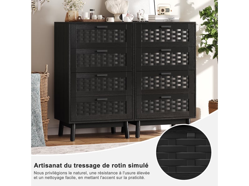  Commode noir avec 4 tiroirs, meuble de rangement en bois et rotin, commode chambre cannage scandinave 55x40x95 cm  - Conforama E