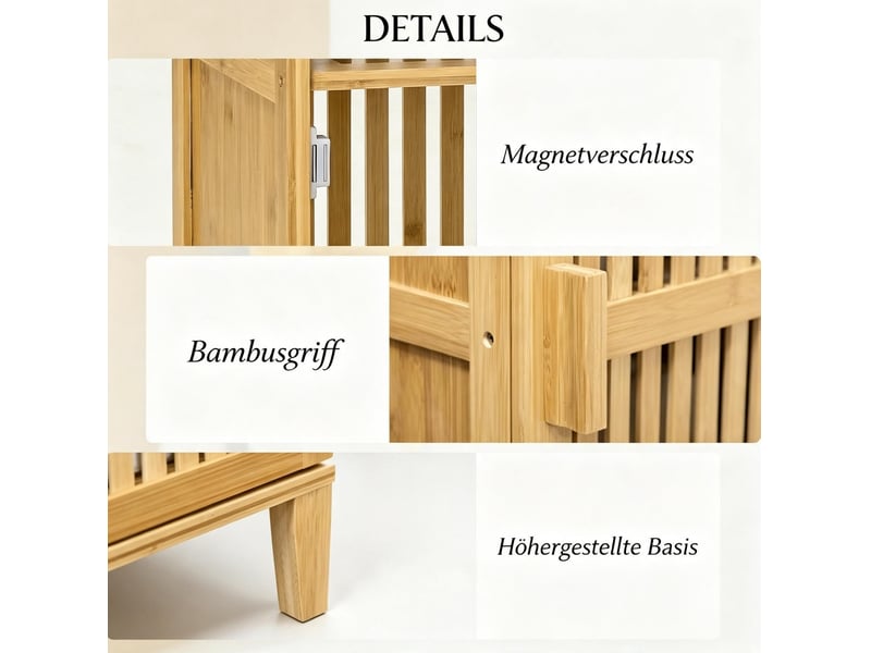  Armoire de rangement haute avec porte à lamelles et 4 étagères en bambou naturel pour salle de bain 40 × 30 × 140 cm  - Conforama E