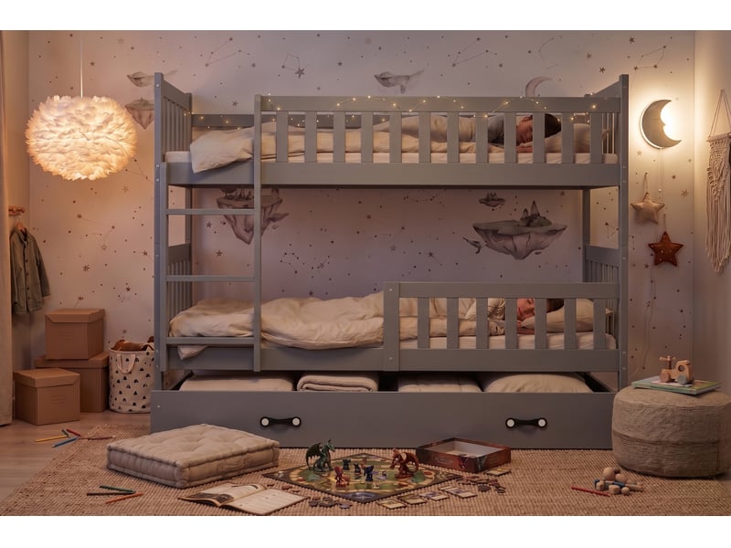  Lit superposé séparable 90x200 cm quba interbeds - bois massif de pin avec barrière, sommier, tiroir – gris  - Conforama E