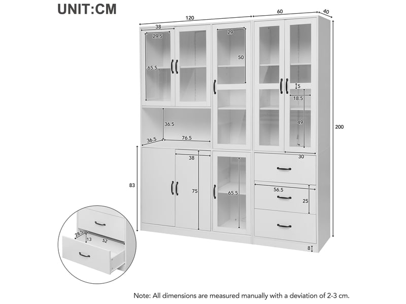  Vitrine combinée blanche 180 x 40 x 200 cm avec éclairage led, 8 portes, 3 tiroirs  - Conforama D