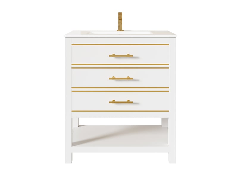 Meuble sous vasque avec 2 tiroirs et niche ouverte, vasque en céramique, salle de bain, mdf blanc et doré, 76 cm - Conforama E
