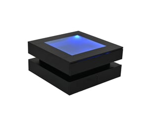 Table basse carrée avec 3 tiroirs et led, plateau en verre, finition brillante, noir, 70 × 70 × 35 cm