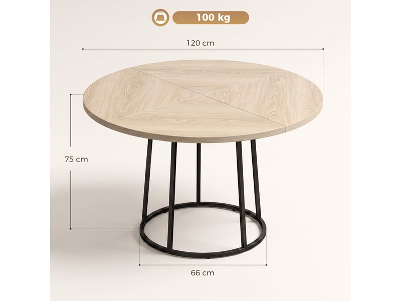  Table à manger ronde pour 4 à 6 personnes, ø 120 x 75 cm, table de cuisine avec piétement conique en métal, bois naturel  - Conforama C