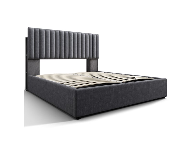 Lit avec rangement en lin gris 160 x 200 cm - Conforama A