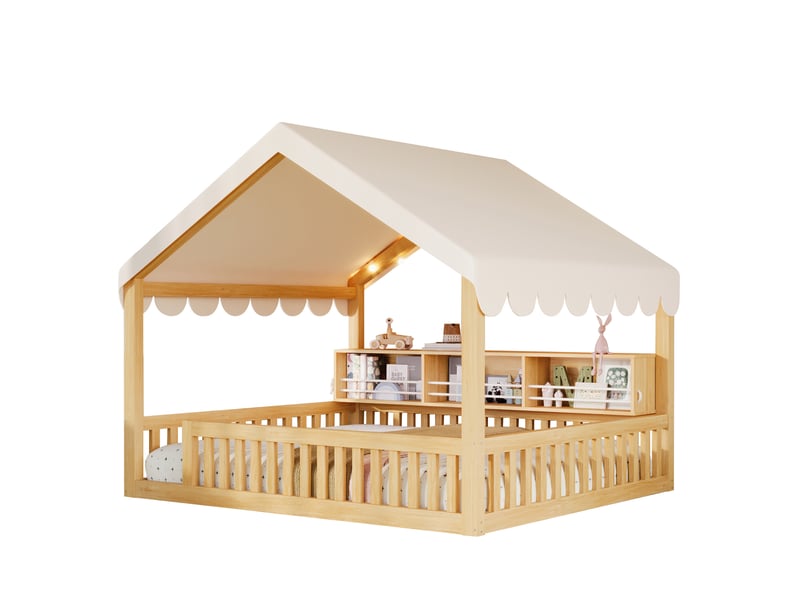  Lit cabane 140x200 cm avec baldaquin, rangement livre, garde-corps, guirlande led, mdf et pin, naturel sans matelas  - Conforama A