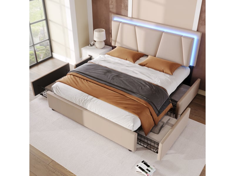Lit double 160×200 cm avec 4 tiroirs et led réglable - okmyhome- en tissu beige, tête ajustable, matelas inclus - Conforama C