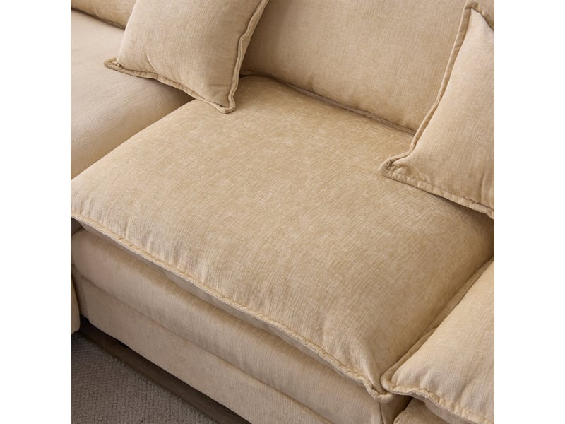 Canapé d'angle chenille 3 places avec méridienne et pouf, couleur café clair, structure bois massif - Conforama E