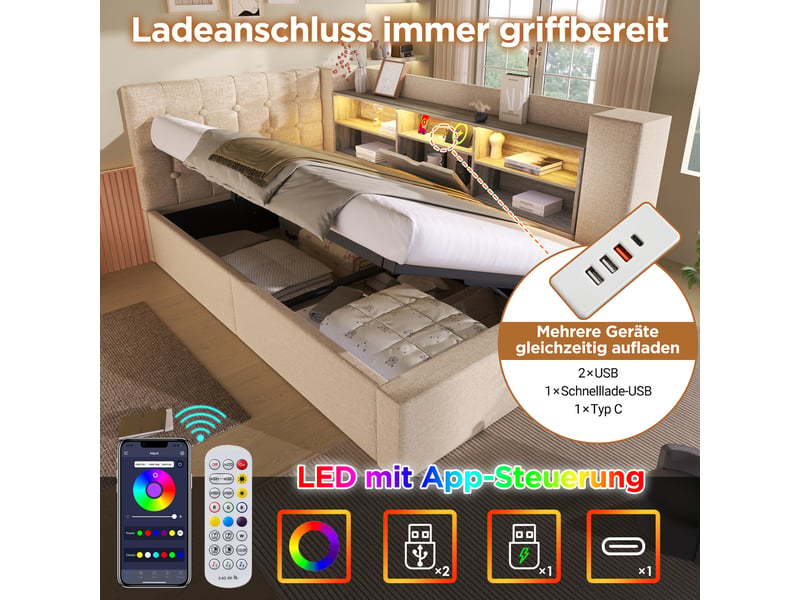  Lit double 140x190 avec rangement hydraulique, tête de lit en l modulable, éclairage led et ports usb, en lin beige  - Conforama D