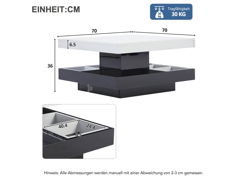 Table basse brillant carrée en panneaux de particules avec compartiments,pivotant à 360°,blanc+noir table basse blanc - Conforama C