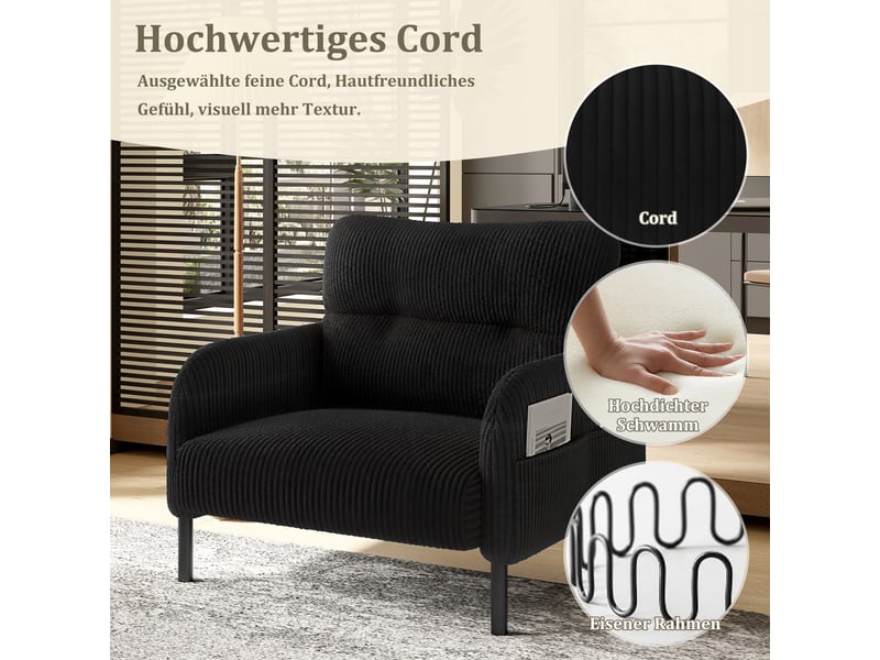  Fauteuil individuel en tissu velours côtelé avec repose-pieds, accoudoirs munis de poches latérales, structure métallique stable DUD2018 - Conforama D