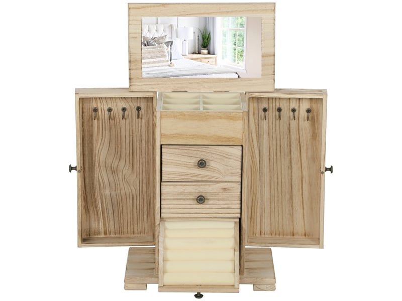  Boîte à bijoux en bois 4 niveaux 26,5x16x33,5 cm – coffret à bijoux avec miroir intégré, tiroirs et portes latérales à 8 crochets pour colliers – marron  - Conforama A