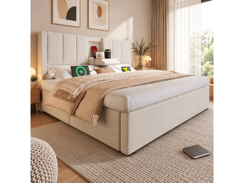 Lit coffre rembourré 160 x 200 cm, rangement hydraulique, porte-gobelet caché, station de recharge, sommier à lattes, revêtement en lin, beige Bliss Lite - Conforama E