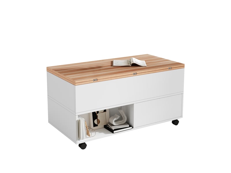  Table basse 100 x 50 x 52 cm à 4 roulettes, table de salon multifonctionnelle avec 4 tiroirs, table basse relevable, table d'appoint réglable en hauteur, table de salle à manger avec espace de rangement, coloris blanc et bois  - Conforama A