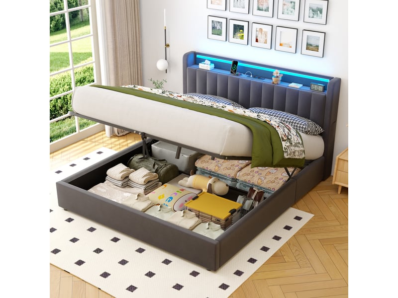  Lit coffre 2 places 180 x 200 cm cm avec led et usb, velours, gris foncé  - Conforama E
