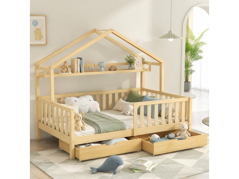  Lit cabane enfant 90x200 cm avec 2 tiroirs, pin et mdf, naturel  - Conforama C