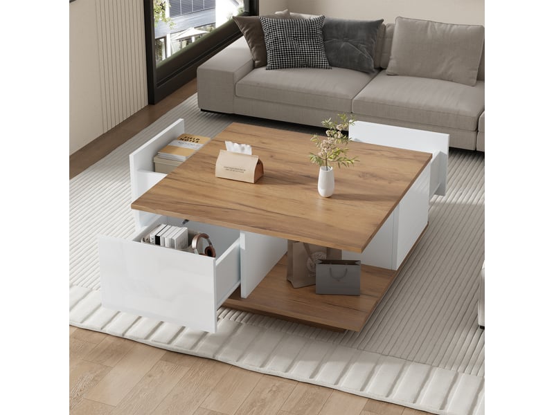  Table basse carrée 70x70 cm, table de salon avec 3 tiroirs et rangement semi-ouvert, design moderne en bois et blanc.  - Conforama D