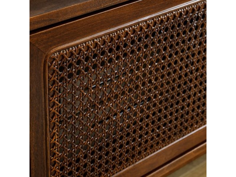  Console tv 59 po style mi-siècle en rotin, pour tv 65 po, pieds bois massif, portes rotin, noix foncé  - Conforama E