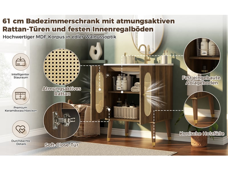  Meuble sous-vasque sur pieds 61 cm noyer, céramique et mdf, portes en rotin, étagères fixes et fermeture douce  - Conforama E