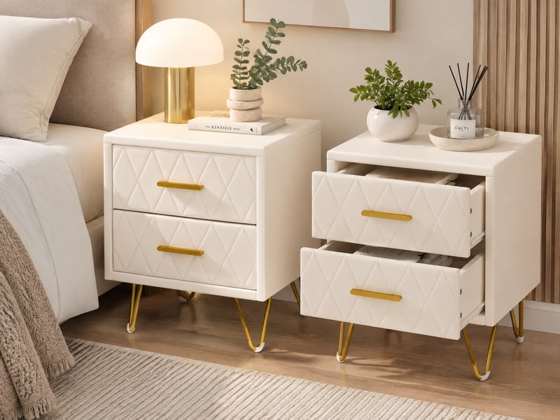  Lot de 2 tables de chevet,2 tiroirs, moderne table de nuit chambre pu, commode chambre,armoire de chevet,beige  - Conforama B