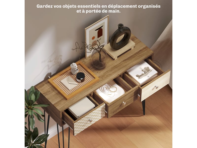  Table console avec 3 tiroirs, table d'entrée étroite avec pieds en épingle à cheveux en acier, marron, 90 x 30 x 75 cm  - Conforama D