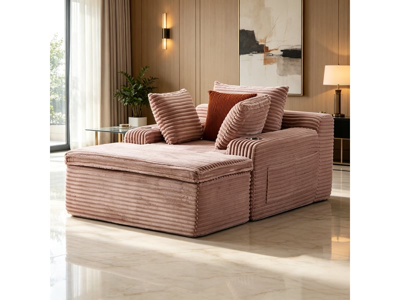  Canapé modulable à poser au sol, effet nuage contemporain, méridienne intégrée, 3 coussins, 63×112×165 cm, rose  - Conforama D