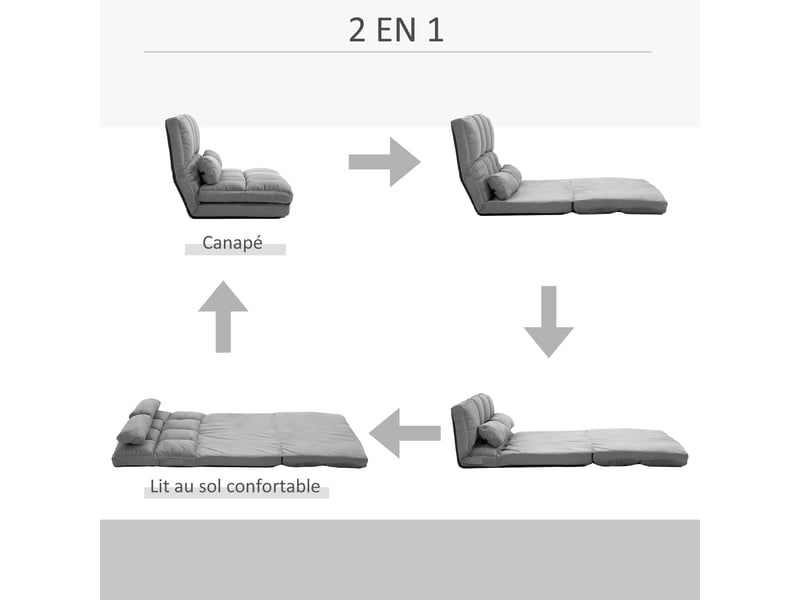  Chauffeuse - matelas d'appoint pliant - fauteuil convertible - inclinaison dossier réglable 14 positions - 2 coussins inclus - polyester aspect suédé gris  - Conforama D