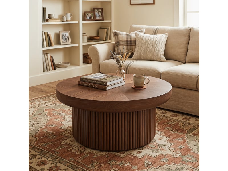  Table basse ronde 78x78x38,5 cm - avec plateau en parquet de bois véritable enchâssé et piétement tambour cannelé – mdf - noyer  - Conforama B