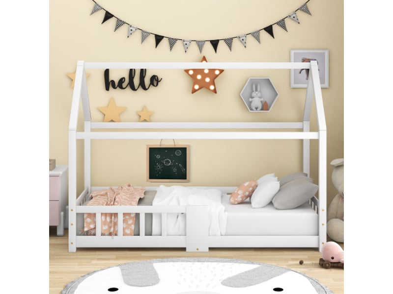  Lit cabane 90x200 cm, lit enfant avec tableau noir, barriéres de sécurité et sommier à lattes, en bois, blanc, sans matelas  - Conforama C