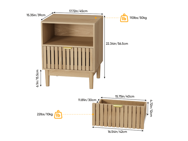 Table de chevet 45x39x56,5 cm avec 1 tiroir en mdf chêne clair, design à lattes, meuble de rangement pour chambre, salon - Conforama C