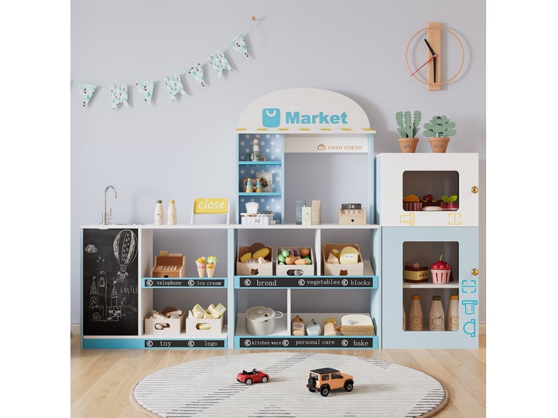  Marchande enfant bleue avec étagères, réfrigérateur, tableau noir et robinet, dès 3 ans, pour jouer au magasin  - Conforama B