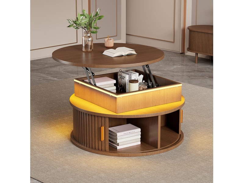 Table basse relevable avec led, 2 portes roulantes et rangements pour salon, 75 × 75 × 52 cm  - Conforama C