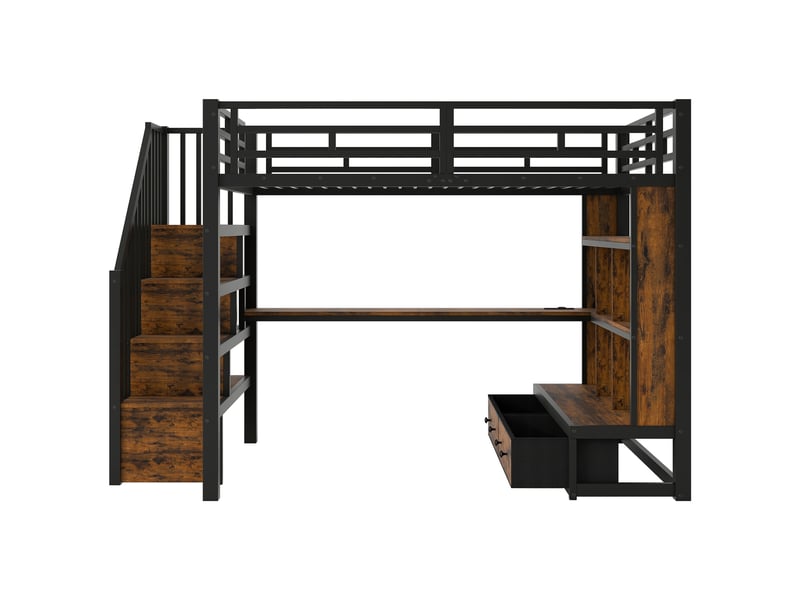  Lit mezzanine 140x200 cm noir, avec bureau, rangements, 2 tiroirs, escalier de rangement, led, structure métal, sommier inclus, sans matelas  - Conforama E
