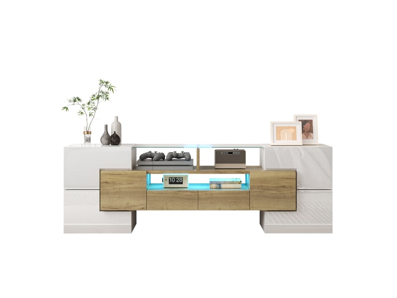  Meuble tv modenvie 145 x 30 x 51 cm led multicolore blanc brillant et bois  - Conforama A