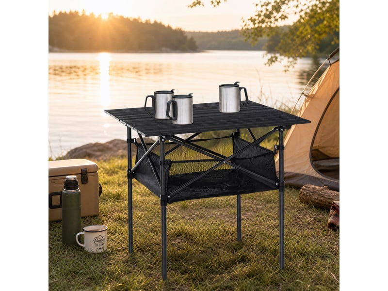 Table de camping pliable 70 x 70 cm en aluminium gris, avec sac en maille et housse de transport légère - Conforama B