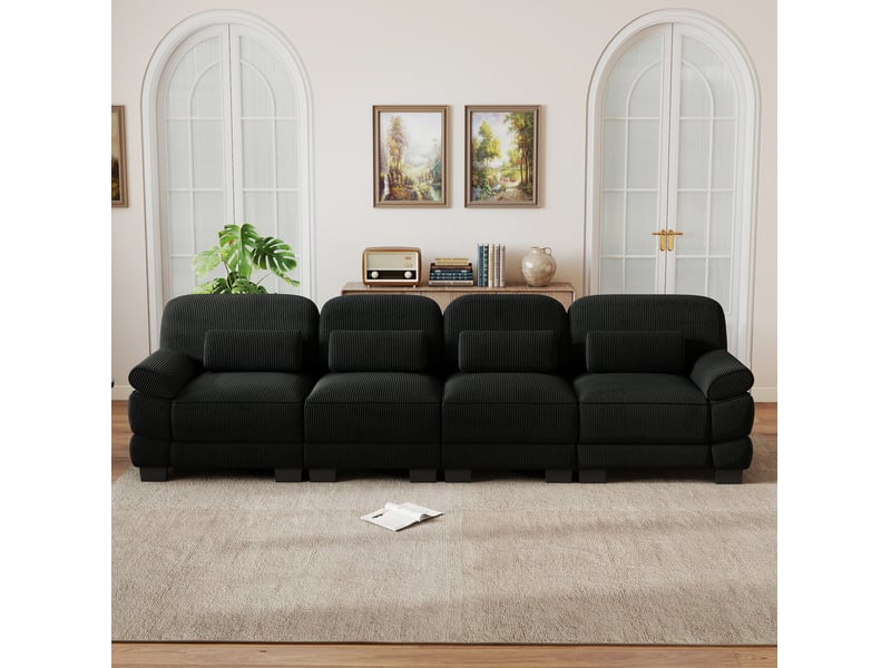  Canapé droit modulable 4 places 336x 88,5x 94 cm, structure solide, coussins de soutien, velours côtelé, noir  - Conforama D