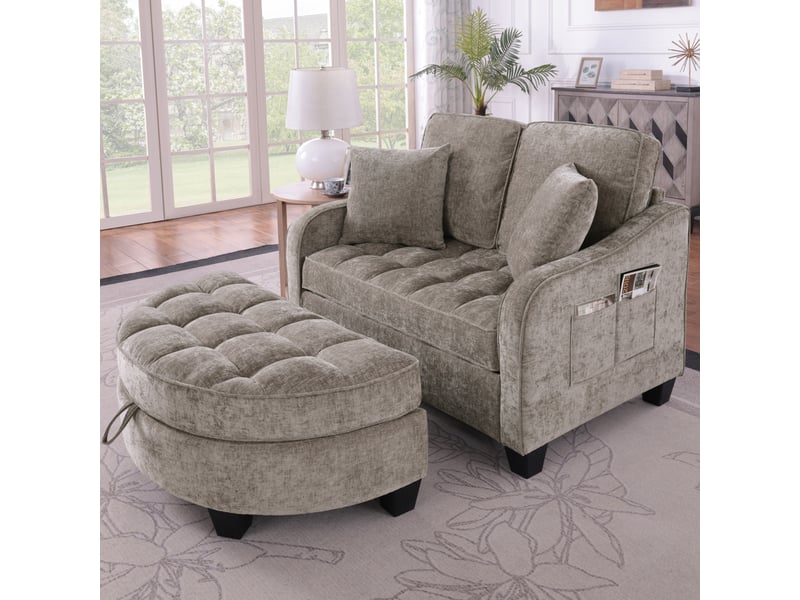 Canapé 1 place convertible 2-en-1 139,5x129,5x93 cm, pouf de rangement intégré, cadre en eucalyptus, chenille marron - Conforama R