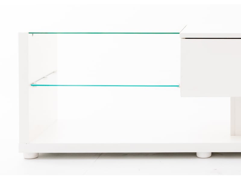  Meuble tv blanc laqué avec led 170 cm, banc tv moderne avec 2 tiroirs et étagères en verre  - Conforama D