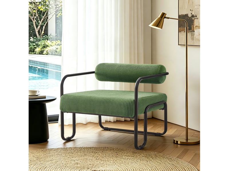  Fauteuil lounge avec dossier cylindrique et structure métallique, design moderne en velours côtelé vert  - Conforama B