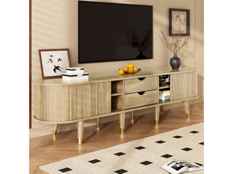  Meuble tv bas avec porte coulissante 175x38x45cm | style naturel effet chêne et pieds dorés | tiroirs et niches charge 60kg - chêne clair  - Conforama D