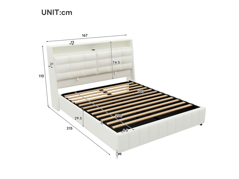  Lit double 160x200 cm - lit adulte avec rangement sous le lit et tête de lit réglable - blanc  - Conforama C