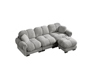 Canapé 3 places en l 260x149x90 cm, dossier capitonné, 2 coussins, pouf déplaçable, tissu en chenille, gris clair