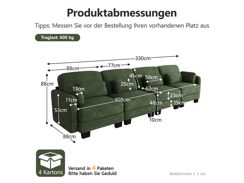  Canapé modulable - 4 places - coussins d'accoudoirs - tissu chenille - mobilier de salon - configuration flexible - vert CozyNest - Conforama D