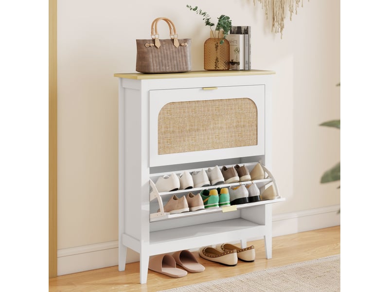  Meuble à chaussures étroit avec 2 portes en rotin, étagères réglables pour 14 paires de chaussures, 80 x 24 x 95,5 cm, blanc  - Conforama B