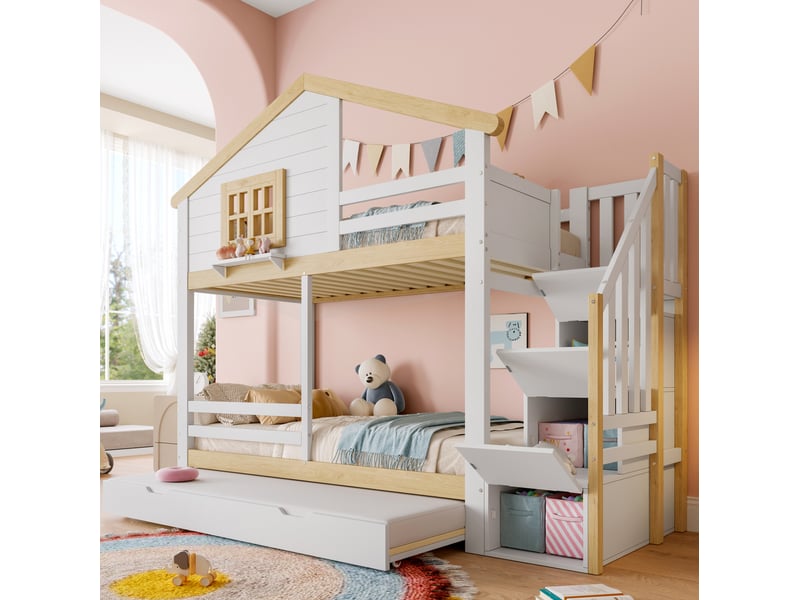  Lit superposé, 90x200 cm, maison, escalier de rangement, avec lit gigogne, matelas non inclus, coloris blanc et naturel  - Conforama E
