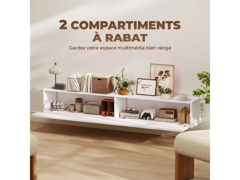  Meuble télé mural blanc de 140 cm, 2 portes abattantes cannelées sans poignées, mdf mélaminé, 140 x 25 x 22 cm  - Conforama D