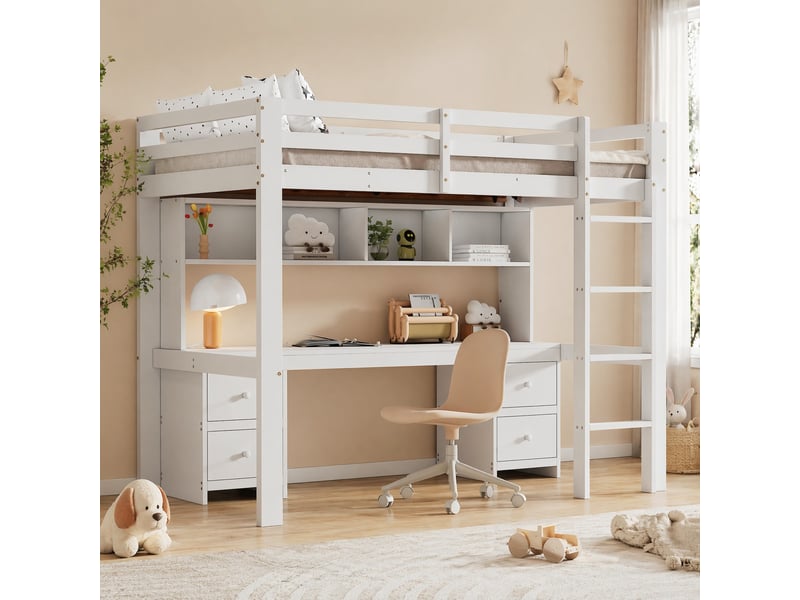  Lit mezzanine,90x200 cm,avec bureau et rangement,pin et mdf,blanc  - Conforama B