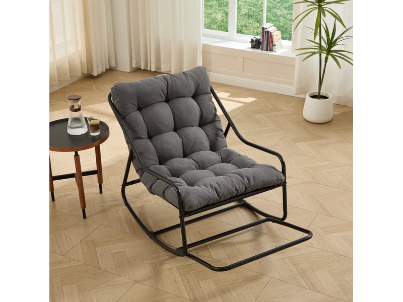  Fauteuil à bascule extérieur en acier noir avec coussin gris épais, mouvement réglable et charge 130 kg  - Conforama B