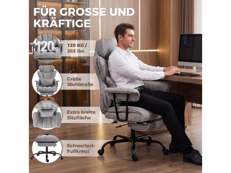  Chaise de bureau massante 6 points, chauffante, repose-pieds, soutien lombaire, assise large, grise  - Conforama E