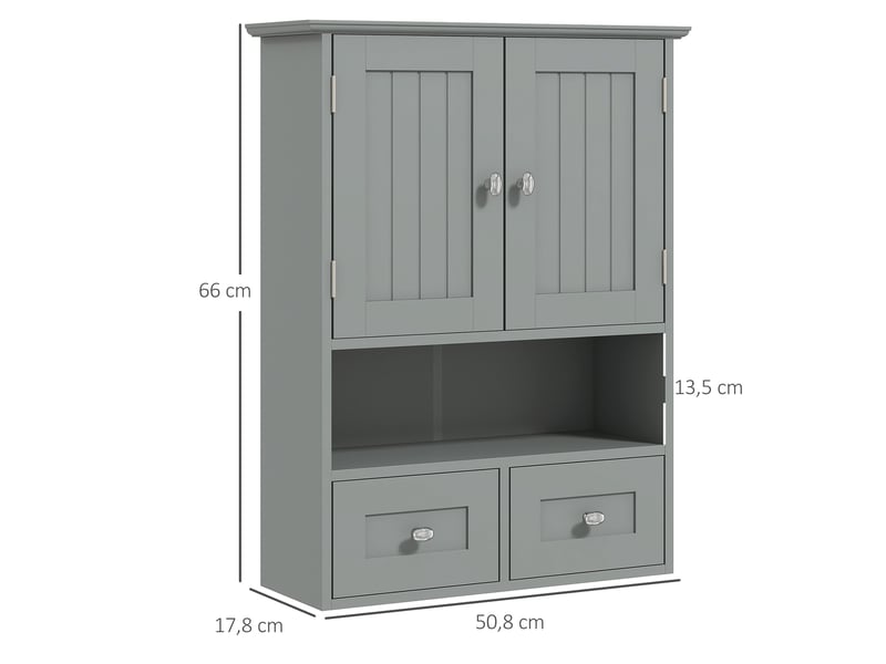  Armoire murale de salle de bain, armoire de toilette, avec portes, étagère, 2 tiroirs, 50,8l x 17,8p x 66h cm, gris  - Conforama C