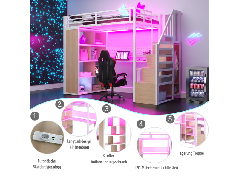  Lit enfant 90x200 cm avec éclairage led, lit simple avec armoire et bureau, lit mezzanine en métal, lit 1 personne, blanc  - Conforama E